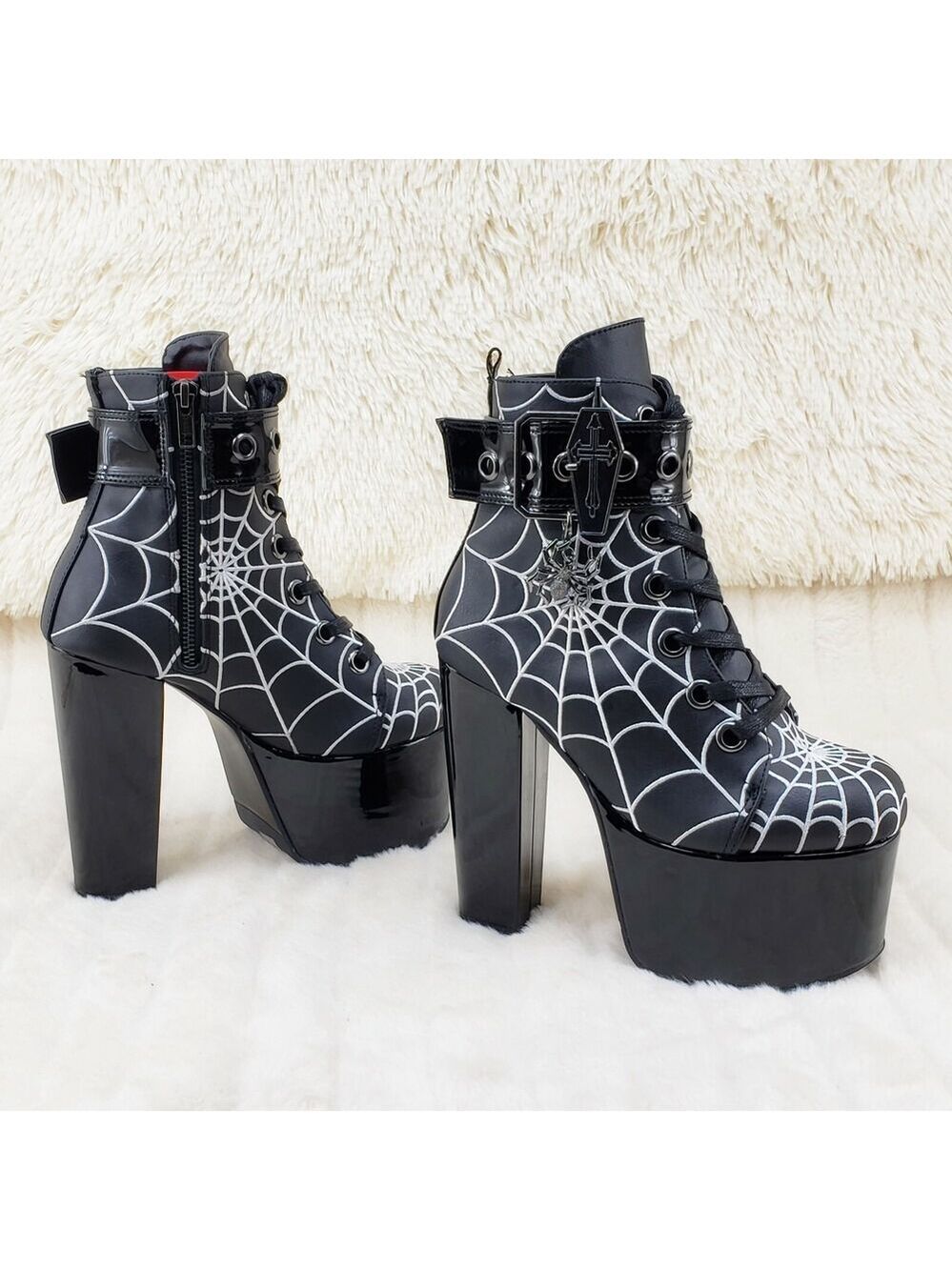 NIB Torment 51 Black Chunky Heel Platform Goth Punk Ankle Boots Coffin Web